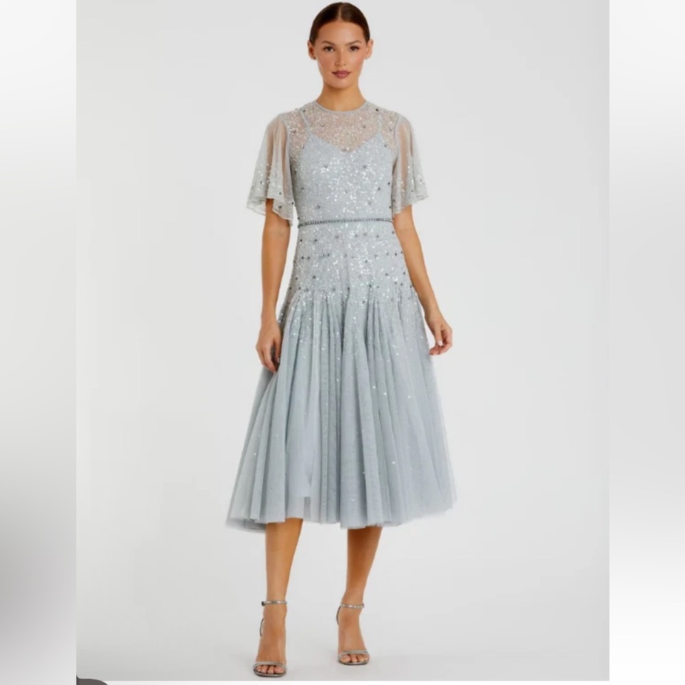 Mac Duggal Light Blue Flutter Sleeve Midi Godet Flare Dress Beaded 93655 Sz 14‎